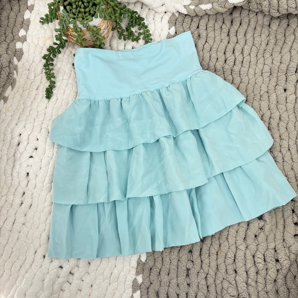 Erez Mini Skirt 100% Silk Ruffle Light Blue Size Medium‎